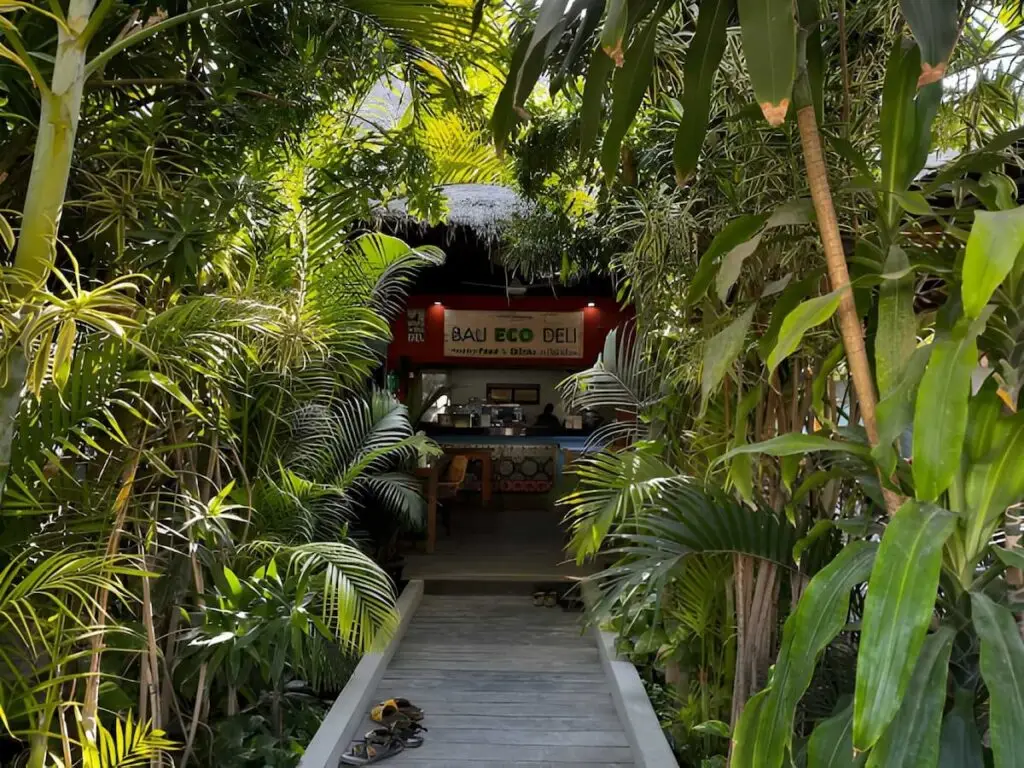 Garden entrance at Bali ECO Deli healthy café in Nusa Lembongan